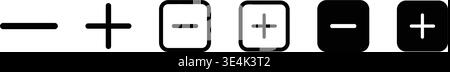 Black and white icons representing addition and subtraction operations displayed as simple lines and square buttons for user interfaces Stock Vector