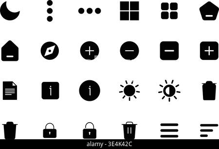 A comprehensive set of monochrome user interface symbols featuring common shapes and navigational elements for modern digital application design proje Stock Vector