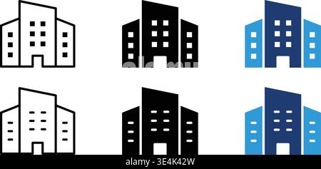 These minimal building icons feature various styles and color variations suitable for representing corporate headquarters or commercial real estate pr Stock Vector