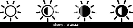 A set of four sun symbols showing progression from low to high brightness for user interface screen display settings adjustment. Stock Vector