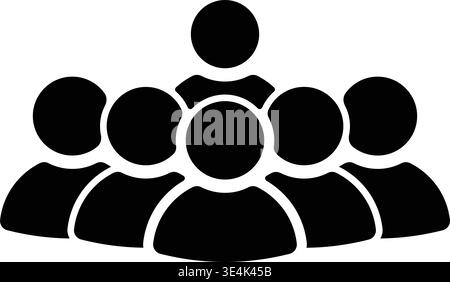 A black silhouette icon depicting a central leader figure standing in front of a small group of six people. Stock Vector