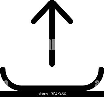 A minimalist graphic symbol featuring a vertical arrow pointing upwards from a curved base representing file upload and data transfer. Stock Vector