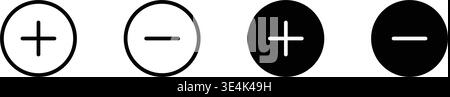 Four minimalist circular buttons featuring addition and subtraction symbols presented in both outline and solid black filled style variants today. Stock Vector