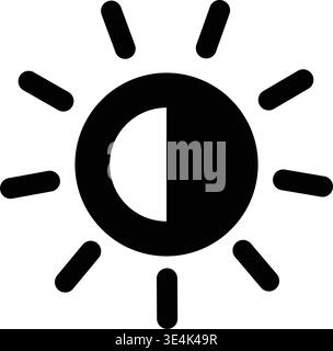 A minimalist black icon featuring a stylized sun symbol with a half shaded circle used for adjusting screen brightness settings. Stock Vector