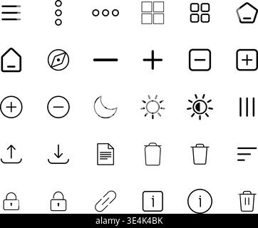A diverse set of minimalist line art symbols representing various common user interface actions and navigation elements for digital screens. Stock Vector