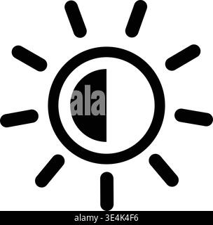 A minimalist graphic symbol depicting a sun with a divided center used for adjusting screen brightness or image contrast levels. Stock Vector