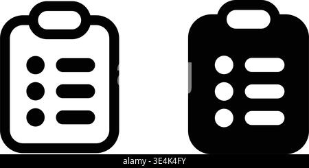 A pair of minimalist clipboard icons displaying simple checklist formats, one in outline style and the other as a solid shape. Stock Vector