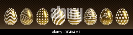Golden Easter eggs set isolated on transparent. Vector realistic illustration of gold holiday shape with creative white stripe, dot, heart, splash pattern on eggshell, greeting card design elements Stock Vector