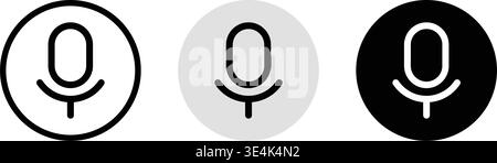 A collection of three distinct microphone icons featuring circular shapes in outline, solid grey, and solid black color styles respectively. Stock Vector