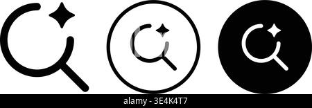 A collection of three minimalist magnifying glass icons featuring a small star symbol representing search optimization or content discovery tools. Stock Vector