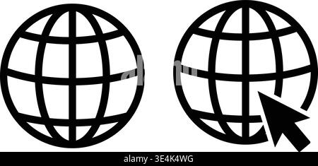 Black and white graphic icons representing global connectivity showing a standard earth sphere and another with a cursor arrow pointing. Stock Vector