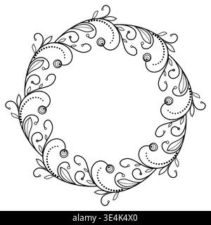 Monochrome ornamental round frame. Black mandala vector illustration. Thin branches with flowers and leaves. Elegant design of swirls and curved lines Stock Vector