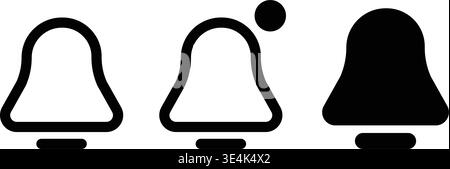 A collection of three simple bell icons showing outline, notification alert, and solid black variations for user interface design. Stock Vector