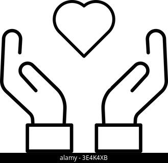 Two stylized hands held together to protect and support a simple outlined heart symbol representing charity love and medical care Stock Vector