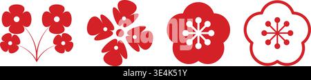 Four minimalist red flower symbols featuring simple shapes and elegant lines suitable for various decorative design projects and creative applications Stock Vector