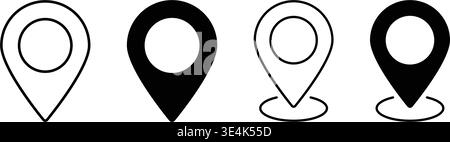 A set of four distinct map pointer icons displayed in both solid black and outline styles for navigation design. Stock Vector