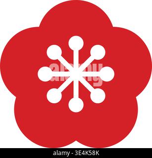 A vibrant red stylized plum blossom icon featuring a white star shaped center with circular tips on each point. Stock Vector