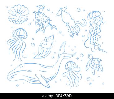 Doodle set of marine animals isolated on white. Vector illustration of blue line shell, fish, squid, jellyfish, whale, turtle swimming in water with bubbles, exotic sea animals, underwater wildlife Stock Vector