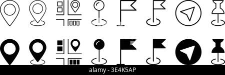 A collection of black and white navigation icons featuring location markers, map pins, flags, and directional arrows for user interfaces. Stock Vector
