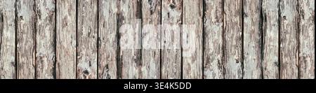 Wide rustic background. Rough wooden boards texture. Old knotty wood logs surface panorama Stock Photo
