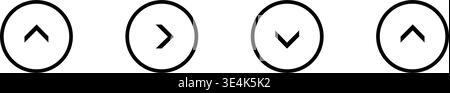 Four minimalist circular buttons with black directional arrows pointing up right and down for simple interface navigation and design Stock Vector