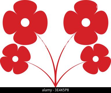 A simple graphic representation of four stylized red blossoms with rounded petals joined together by delicate curved stems on white. Stock Vector