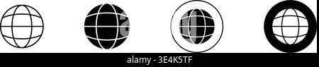 A collection of four distinct globe icons presented in different graphical styles ranging from simple outlines to solid black circles. Stock Vector