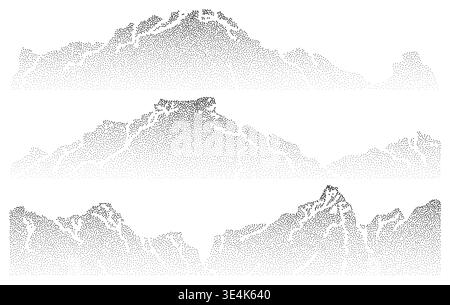 Grain mountain background with blue dot texture on white. Vector illustration of mountain ridge landscape with high summits and snow peaks, color spray effect, halftone gradient design, point art Stock Vector