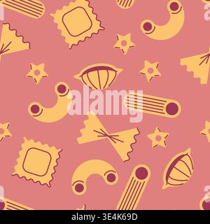Italian pasta pattern on pink background. Vector illustration of hand drawn geometric ravioli, stelline, farfalle, macaroni scattered on backdrop, retro food package, cook book, restaurant menu design Stock Vector