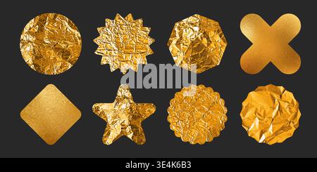 Gold foil sticker with crumpled texture and golden seal design. Circular metallic badge and starburst emblem for premium certificates or awards, labels or price tags with shiny gradient finish. Stock Vector