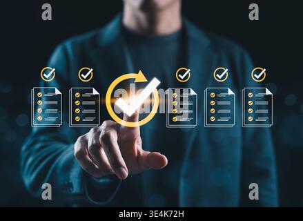 Checklist Approval and Document Verification Concept. Check icons, verified documents, approval symbols, representing task completion, workflow Stock Photo