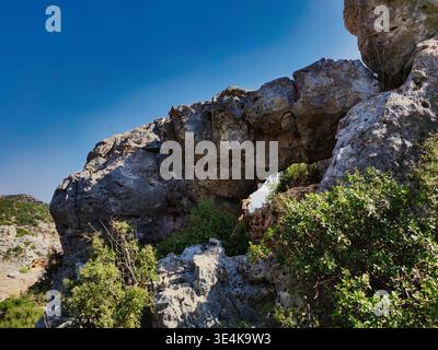 A high-angle shot of a sharp rocky ridge featuring dry bushes and small trees clinging to the stone. The limestone formations stand out against a deep Stock Photo