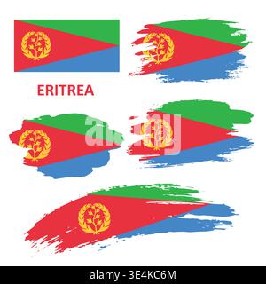 Set of Eritrea flags painted with a brush on a white background Stock Vector