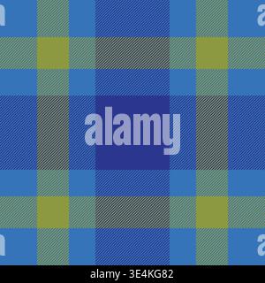 Hunter vector plaid seamless, selection background check textile. 70s tartan fabric pattern texture in blue and lime colors palette. Stock Vector