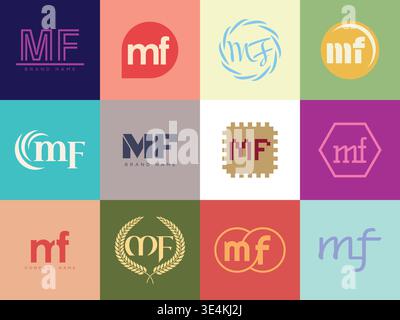 MF logo company template. Letter m and f logotype. Set different classic serif lettering and modern bold text with design elements. Initial font typog Stock Vector