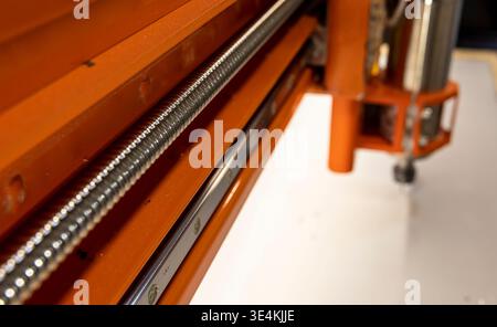 Close-up of CNC milling machine components, metal parts of woodworking equipment Stock Photo