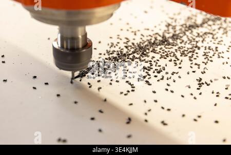 Close-up of CNC milling machine components, metal parts of woodworking equipment Stock Photo