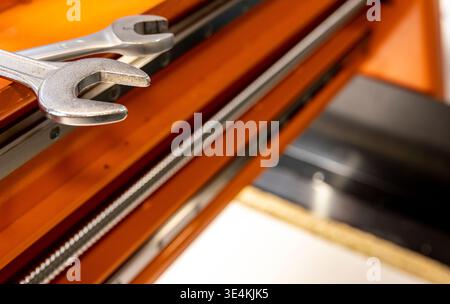 Close-up of CNC milling machine components, metal parts of woodworking equipment Stock Photo