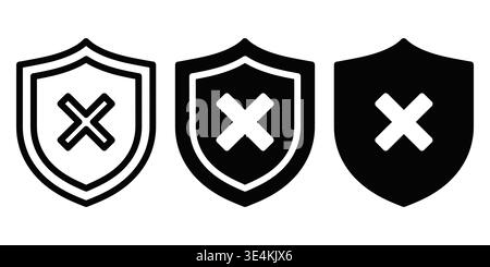 Three variations of a shield icon featuring a cross mark representing security failure or error Stock Vector