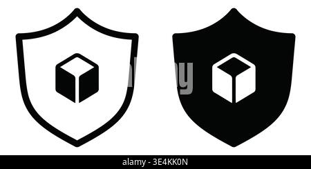 Two shield icons featuring a central cube symbol in outlined and solid black graphic styles Stock Vector