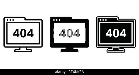 A set of three distinct monitor icons displaying a 404 error message for web development projects. Stock Vector