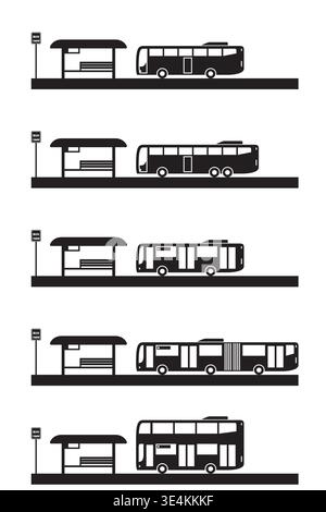 Public transport vehicles at a bus stop - vector illustration Stock Vector