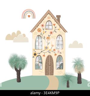 Cute house decorated with doodle flowers on the beautiful yard. Tiny house front view with big windows and painted with greenery and flowers. Vector Stock Vector