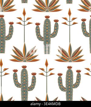 Doodle patterned cactus and blue agaves seamless background. Cacti with ornament vector illustration Stock Vector