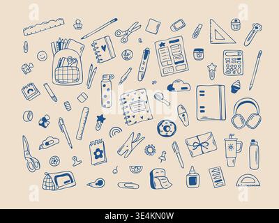 Hand drawn school doodle set with stationery backpack notebook and education elements Stock Vector