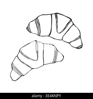 Two croissants line art set, hand drawn bakery pastry outline isolated on white Stock Vector