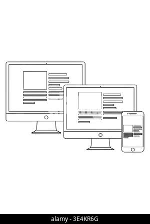 Responsive website layout on desktop tablet and smartphone line art illustration. Stock Vector