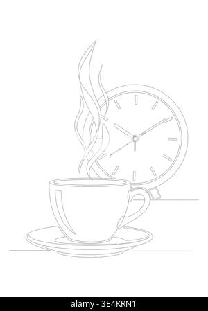 Steaming Coffee Cup with Clock Line Art Illustration Stock Vector