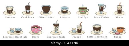 Coffee types, retro color illustration vector set. Cortado, Cold Brew, Filter Coffee, Affogato, Red Eye, Irish Coffee, Mocha, Espresso Macchiato, Brev Stock Vector