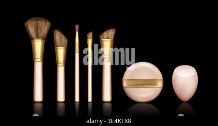 Makeup brush and sponge set isolated on black background. Vector realistic illustration of tools for professional cosmetics application, eye shadows, powder, blush, concealer, foundation brushes Stock Vector